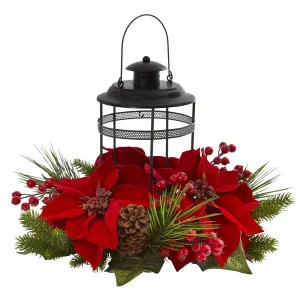 13" Artificial Poinsettia Berry Pine Arrangement Candelabrum - Low Maintenance, Life-Like & Vibrant Silk Flowers For Busy People.