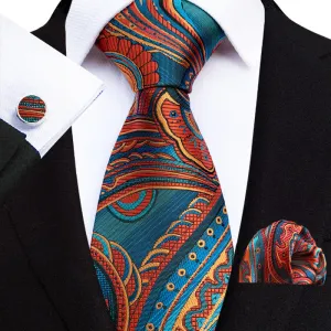 3Pcs Men's Orange & Teal Paisley Necktie Set