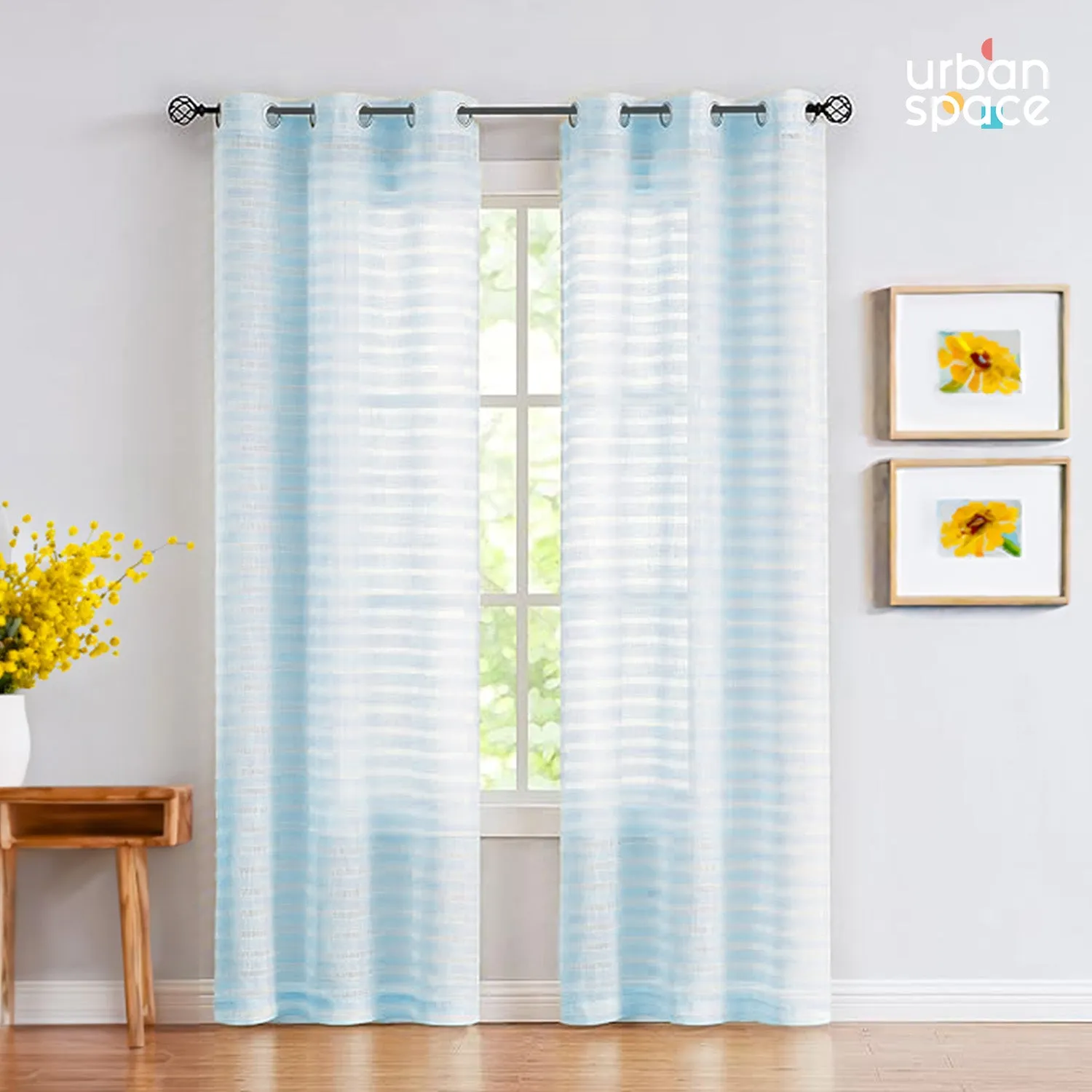 Aari Collection Embriodered Sheer Curtains, 35-40 % Light Filtering Curtains - Pack of 2 - Horizontal Weaves SkyBlue