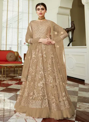 Amazing Beige Frilled Cuffs Net Lehenga Style Anarkali Suit