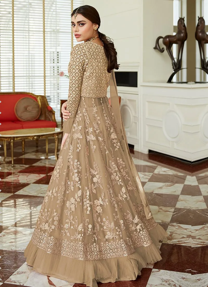 Amazing Beige Frilled Cuffs Net Lehenga Style Anarkali Suit