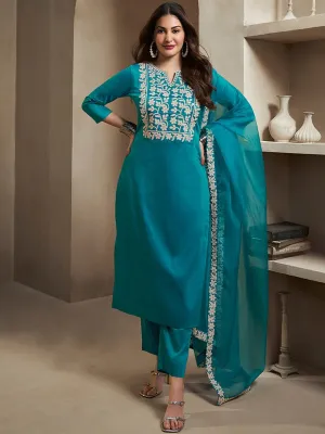 Amyra Dastur Turquoise Floral Yoke Design Thread Work Pure Silk Straight Kurta with Trousers & Dupatta