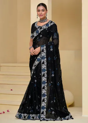 Black Banarasi Silk Embroidered Designer Saree