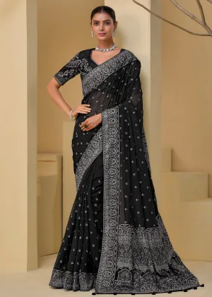 Black Grey Banarasi Silk Embroidered Designer Saree