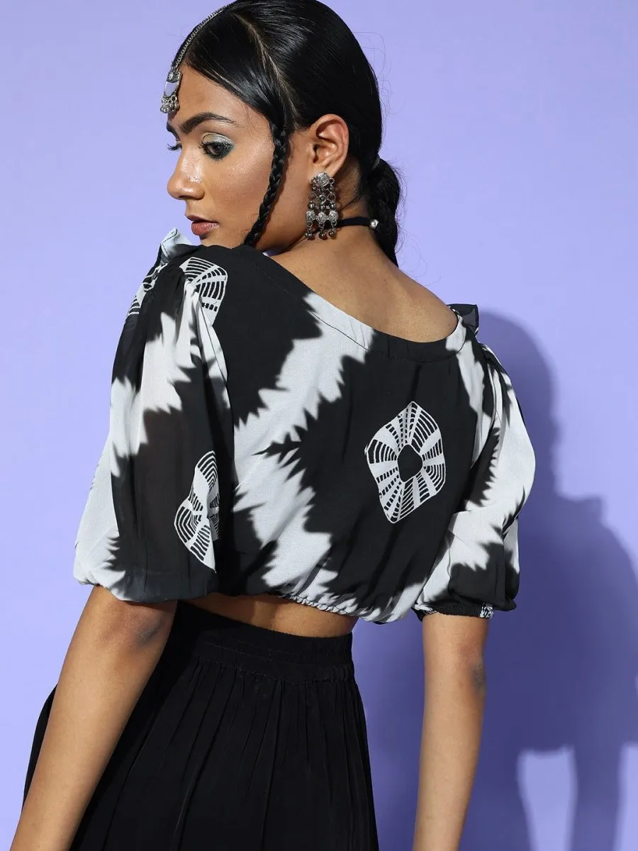 Black Polyester Printed Crop Top