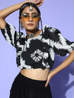 Black Polyester Printed Crop Top