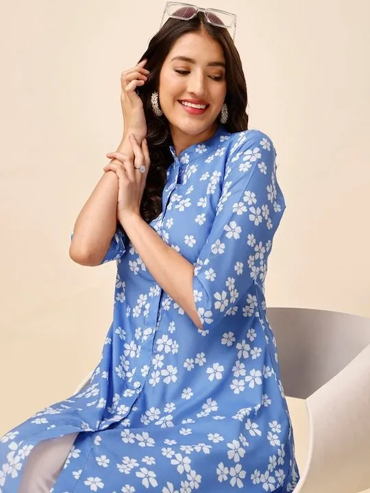 Blue Floral Printed Mandarin Collar A-Line Kurta