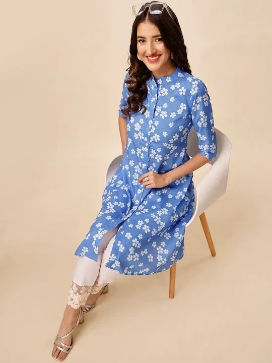 Blue Floral Printed Mandarin Collar A-Line Kurta