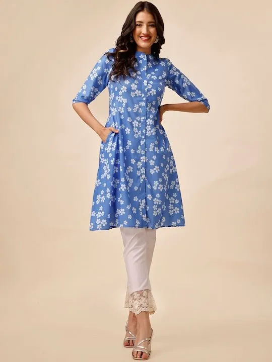 Blue Floral Printed Mandarin Collar A-Line Kurta