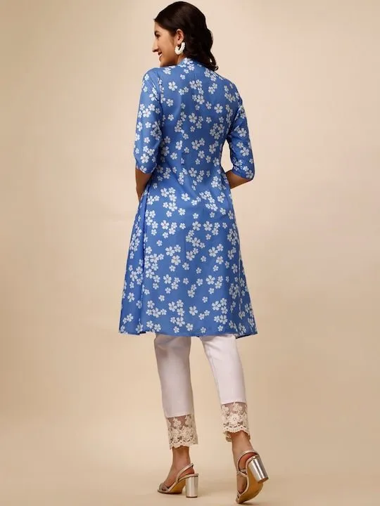 Blue Floral Printed Mandarin Collar A-Line Kurta