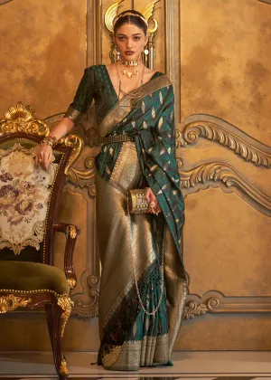 Bollywood Style Exquisite Bottle-Green Pure Satin Silk Saree