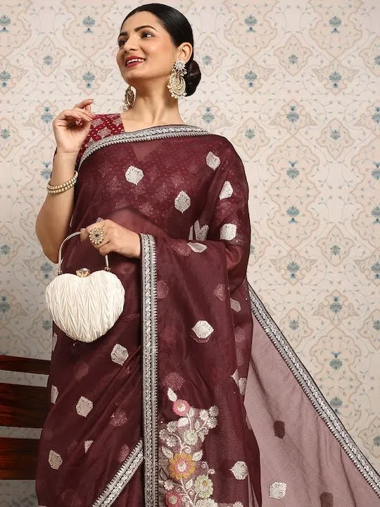 Burgundy Floral Zari Organza Saree