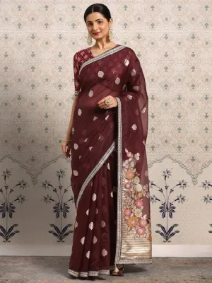 Burgundy Floral Zari Organza Saree