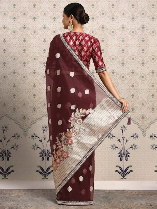 Burgundy Floral Zari Organza Saree