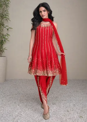 Charming Red Silk Embroidered Festive Dhoti Style Suit