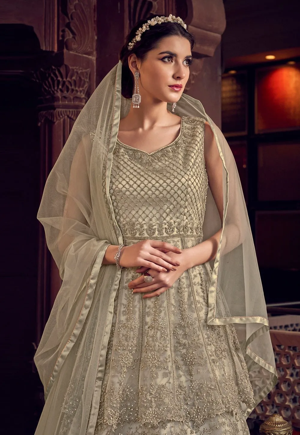 Classic Off-White Net Embroidered Designer Anarkali Suit