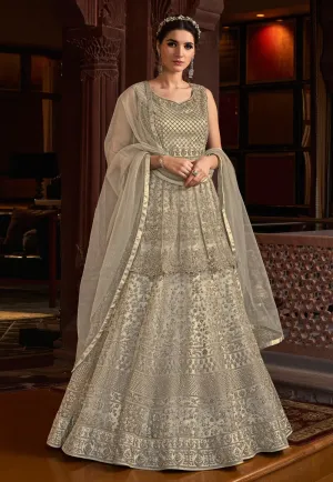 Classic Off-White Net Embroidered Designer Anarkali Suit