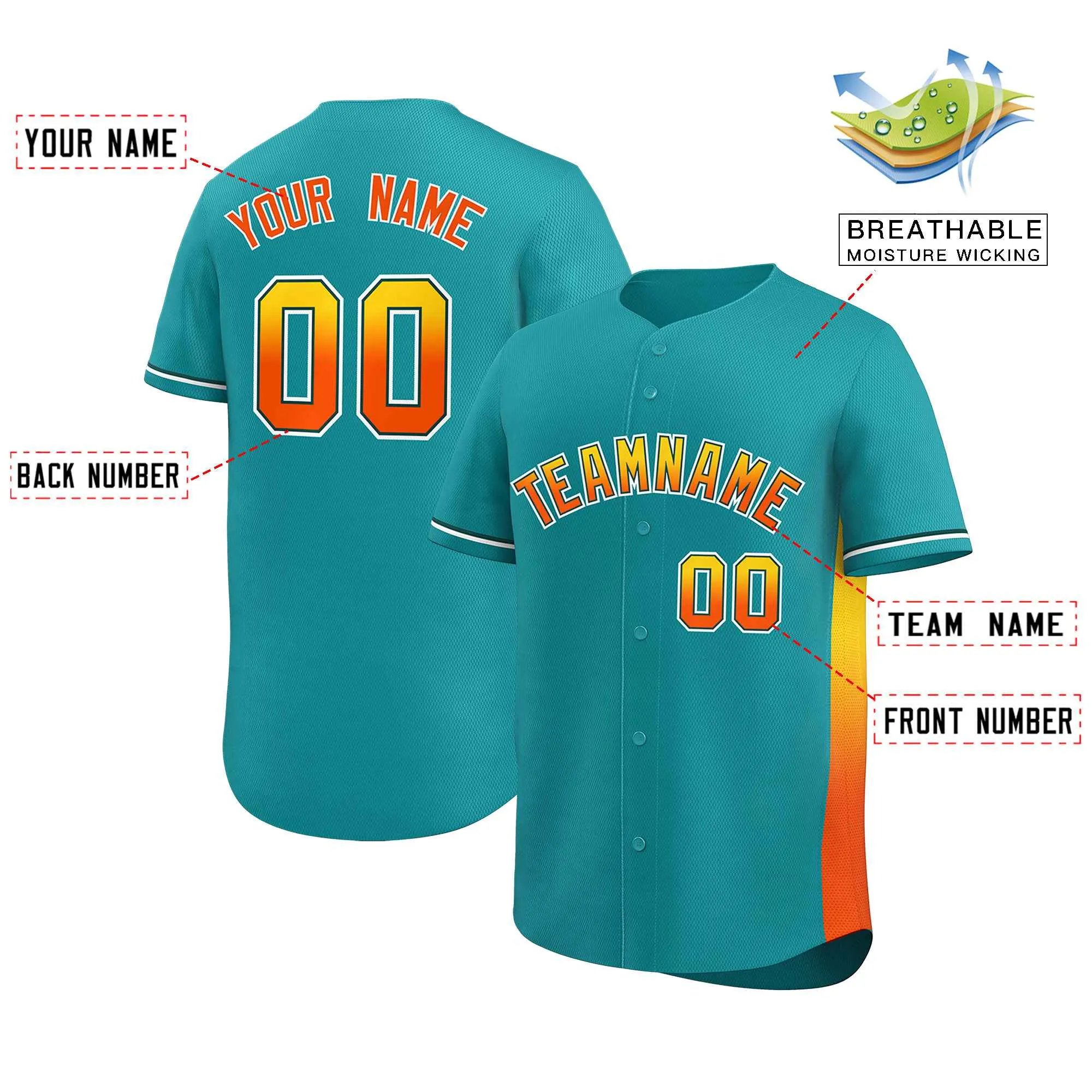 Custom Aqua Gold-Orange Personalized Gradient Font And Side Design Authentic Baseball Jersey