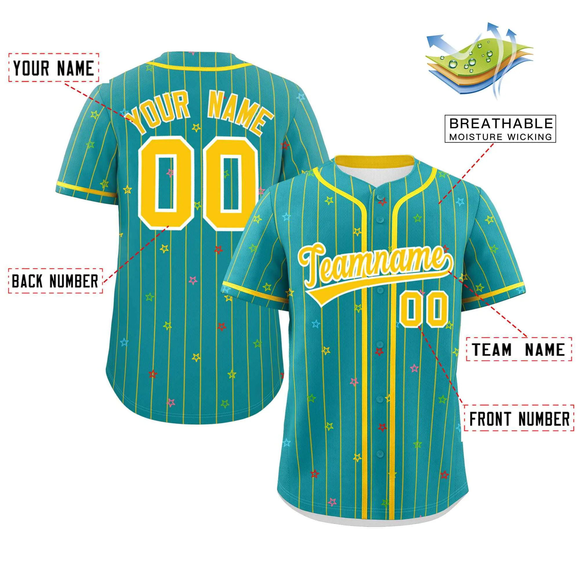 Custom Aqua Gold Stripe Fashion Personalized Star Pattern Authentic Baseball Jersey