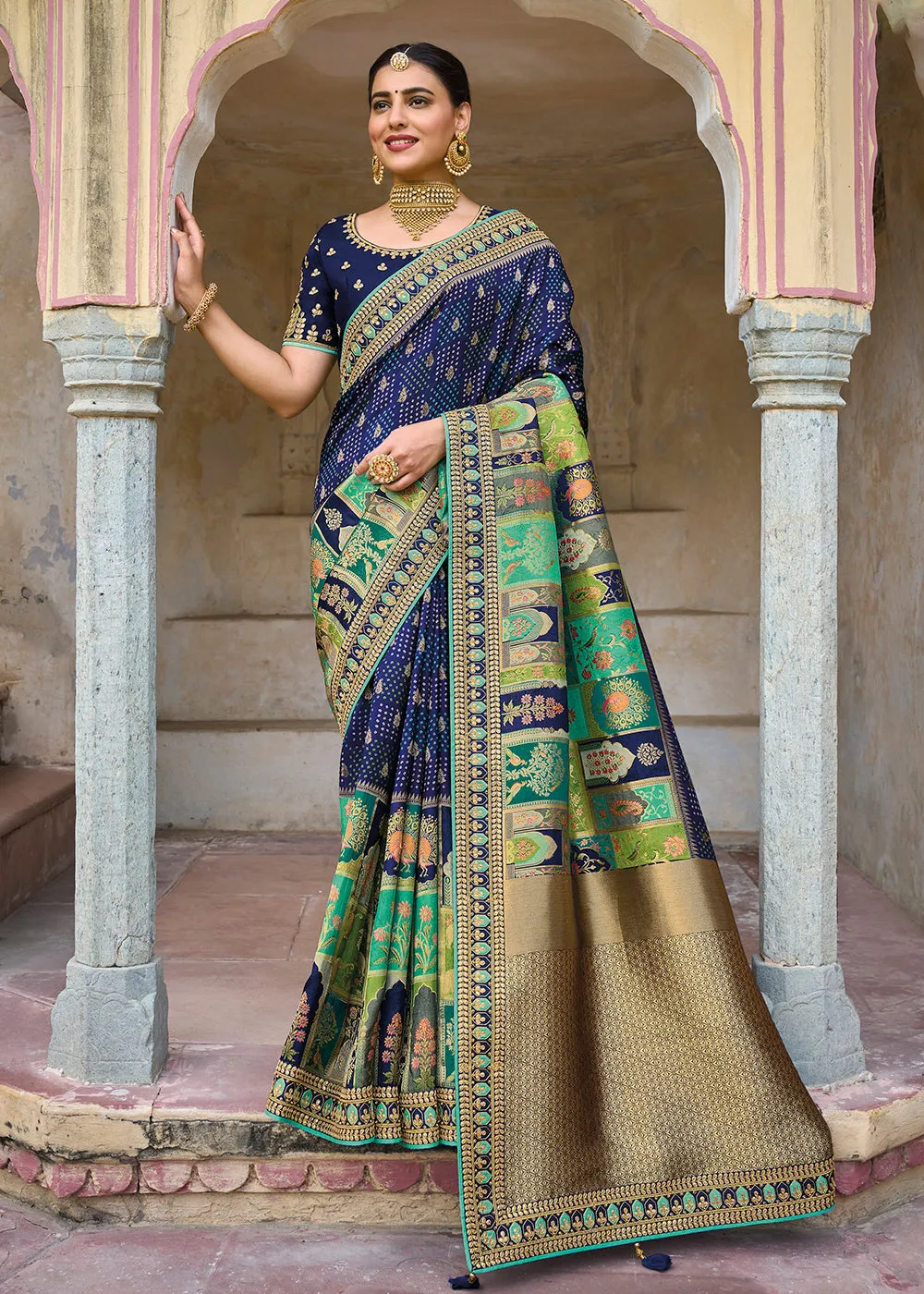 Designer Multicolor Superior Blue Silk Wedding Wear Saree