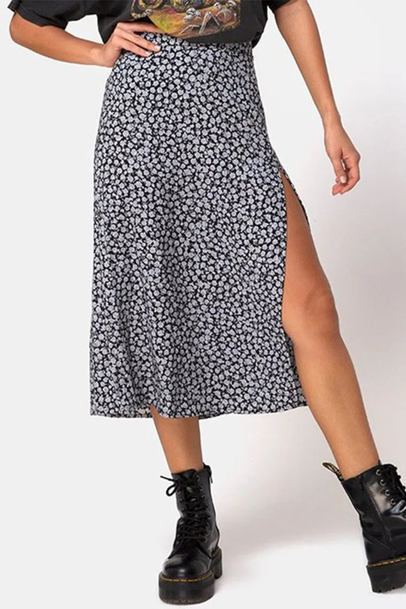 Elegant Print Slit Regular High Waist Type A Full Print Bottoms