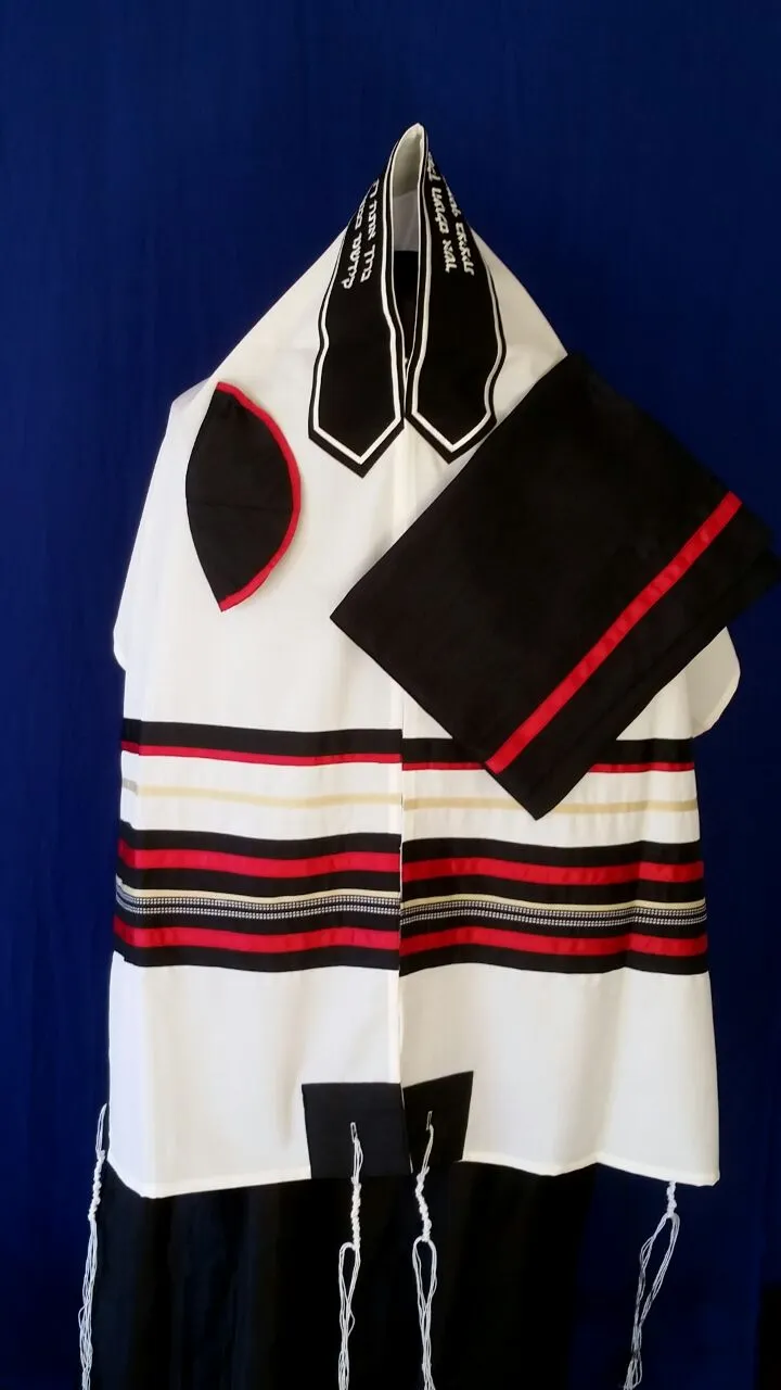 Elegant Red and Black pattern White Wool Tallit