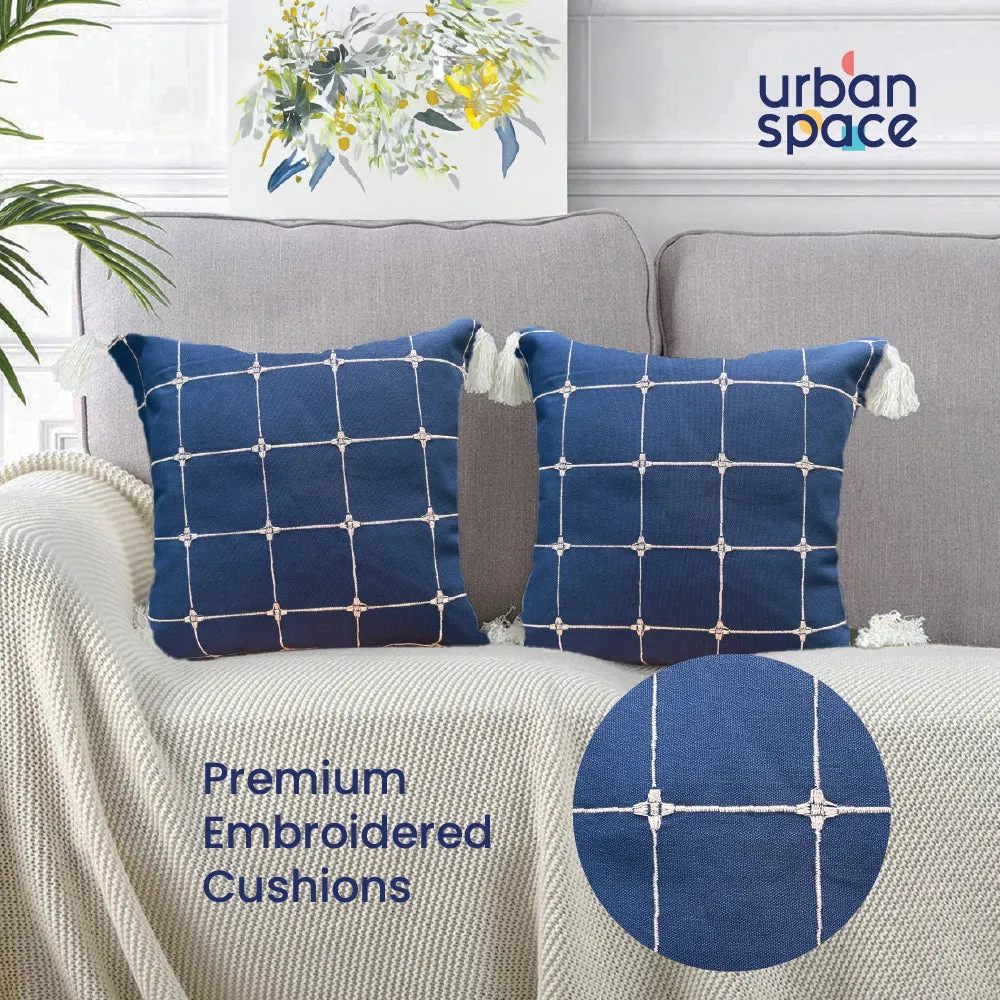 Embroidered Cotton Cushion Cover, for Sofa, Bedroom, Living Room - Set of 2 - Aura Checks Indigo