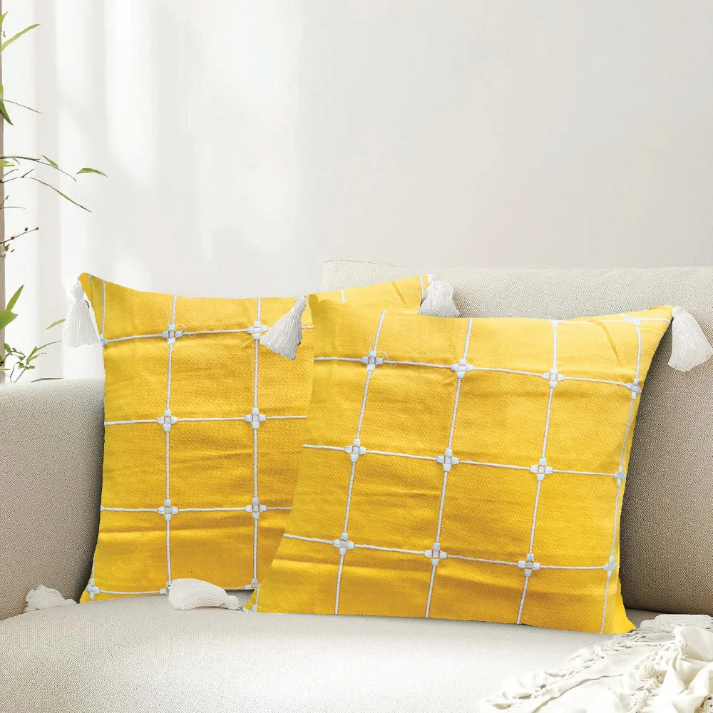 Embroidered Cotton Cushion Cover, for Sofa, Bedroom, Living Room - Set of 2 - Aura Checks Yellow