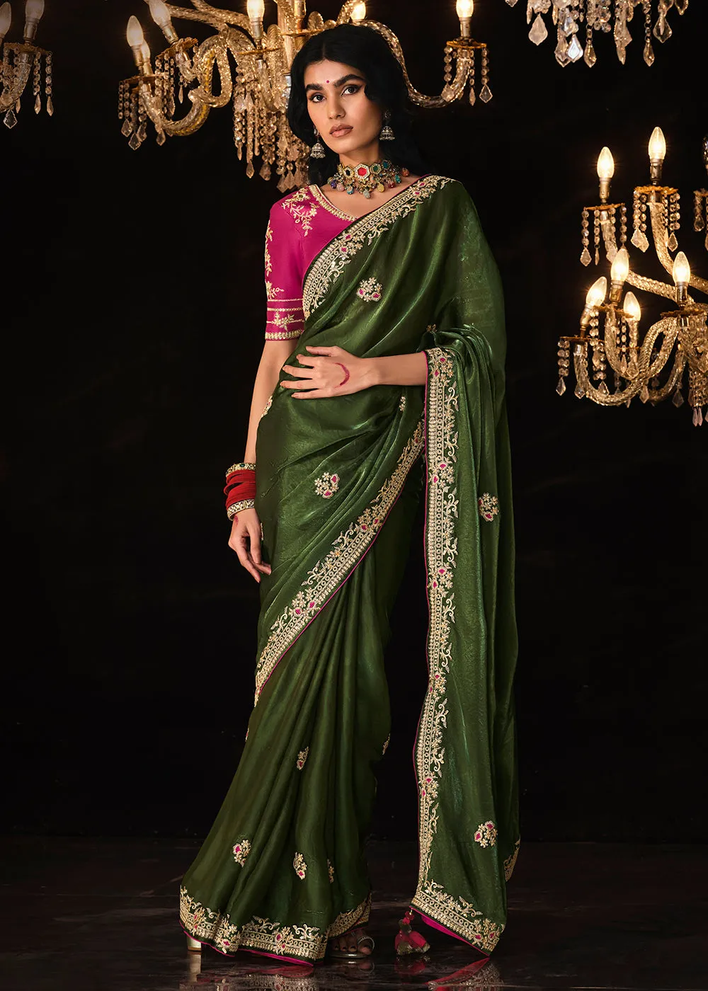 Fancy Green Embroidered Designer Wedding Wear Saree