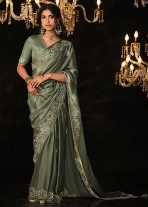 Fancy Grey Embroidered Designer Wedding Wear Saree