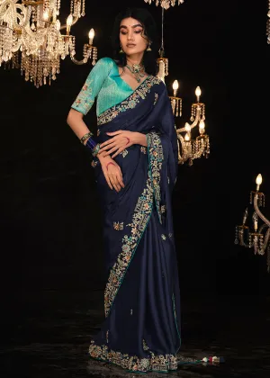 Fancy Navy Blue Embroidered Designer Wedding Wear Saree