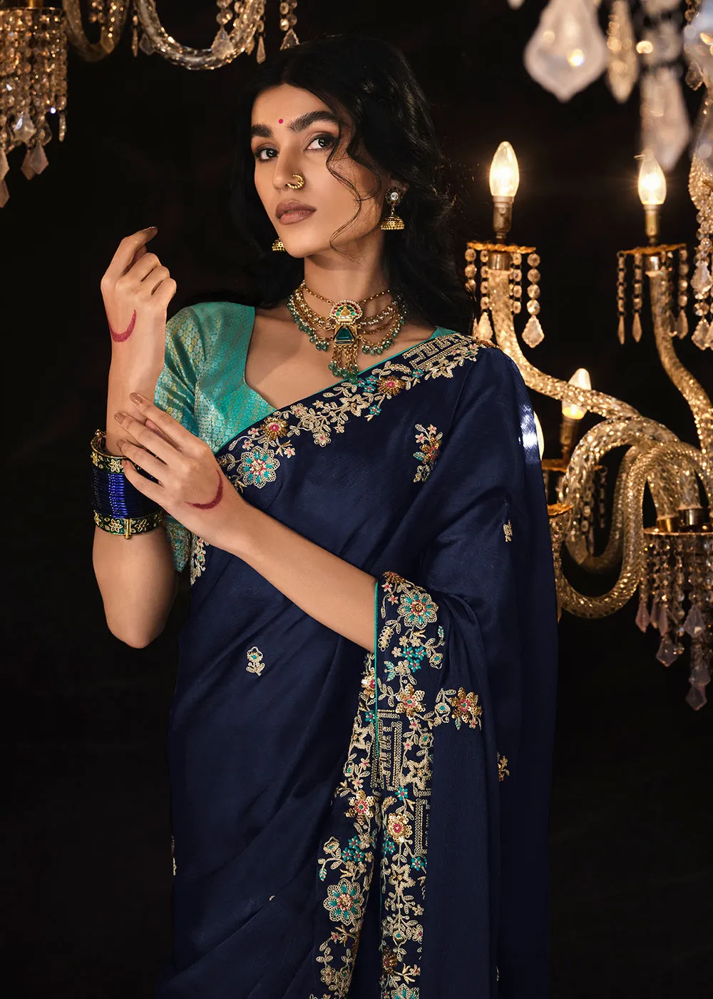 Fancy Navy Blue Embroidered Designer Wedding Wear Saree