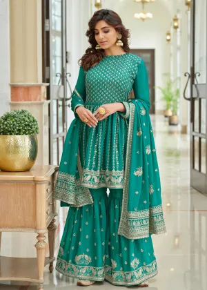 Heavy Chinon Turquoise Sequins Festive Gharara Suit