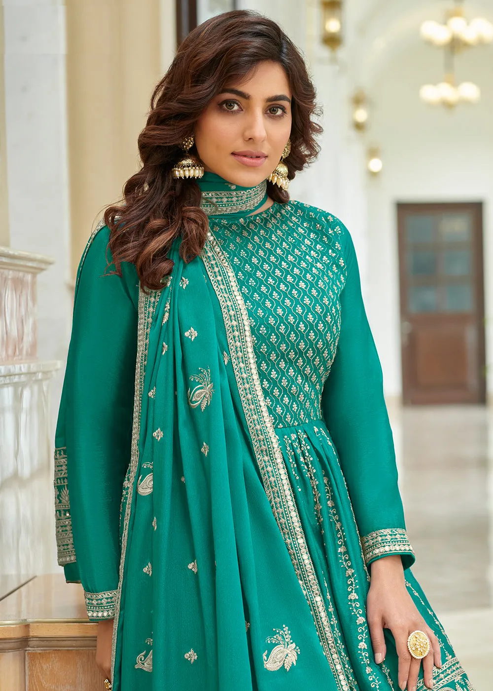 Heavy Chinon Turquoise Sequins Festive Gharara Suit