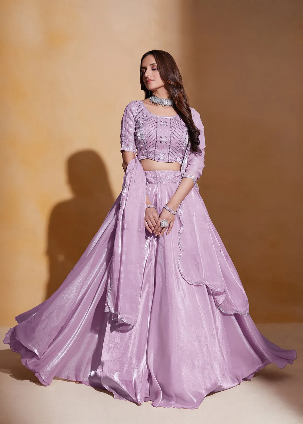 Light Purple Organza Silk A Line Festive Party Lehenga Choli