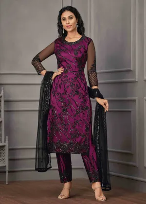 Magenta Pink Wedding Wear Net Embroidered Salwar Suit