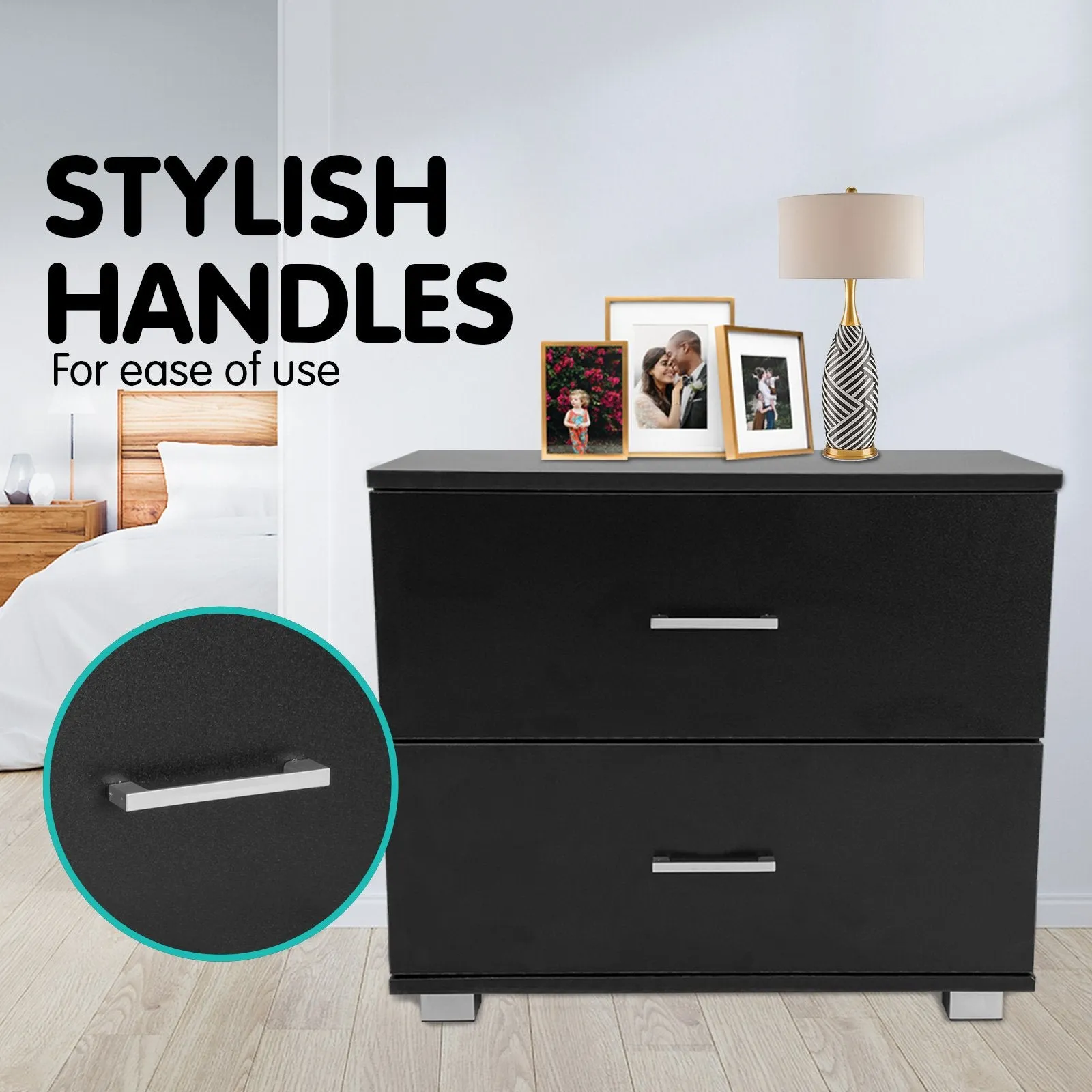 Matte Black 2 Drawer Bedside Table Nightstand, Solid MDF