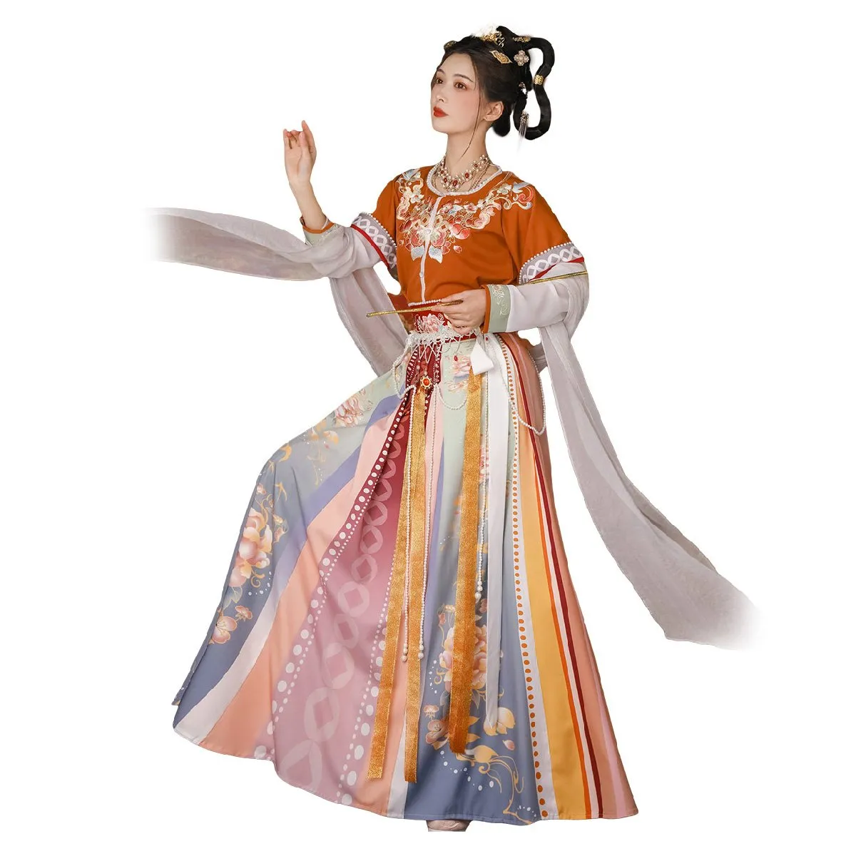 Orange Multicolor Hanfu Three Piece Set