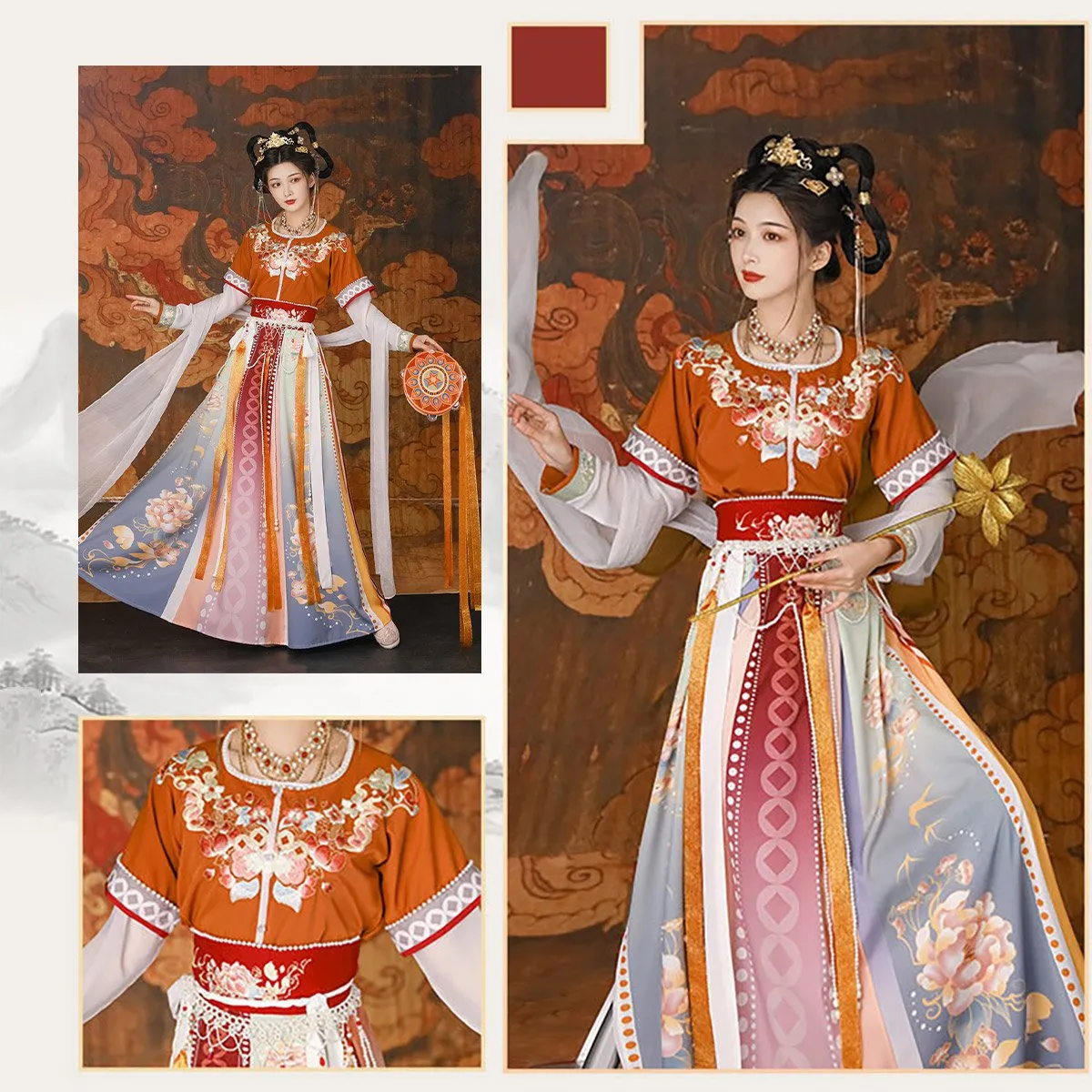 Orange Multicolor Hanfu Three Piece Set