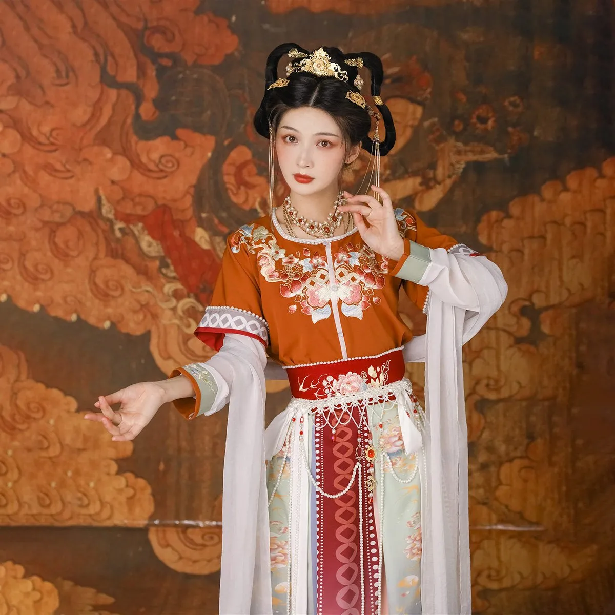 Orange Multicolor Hanfu Three Piece Set