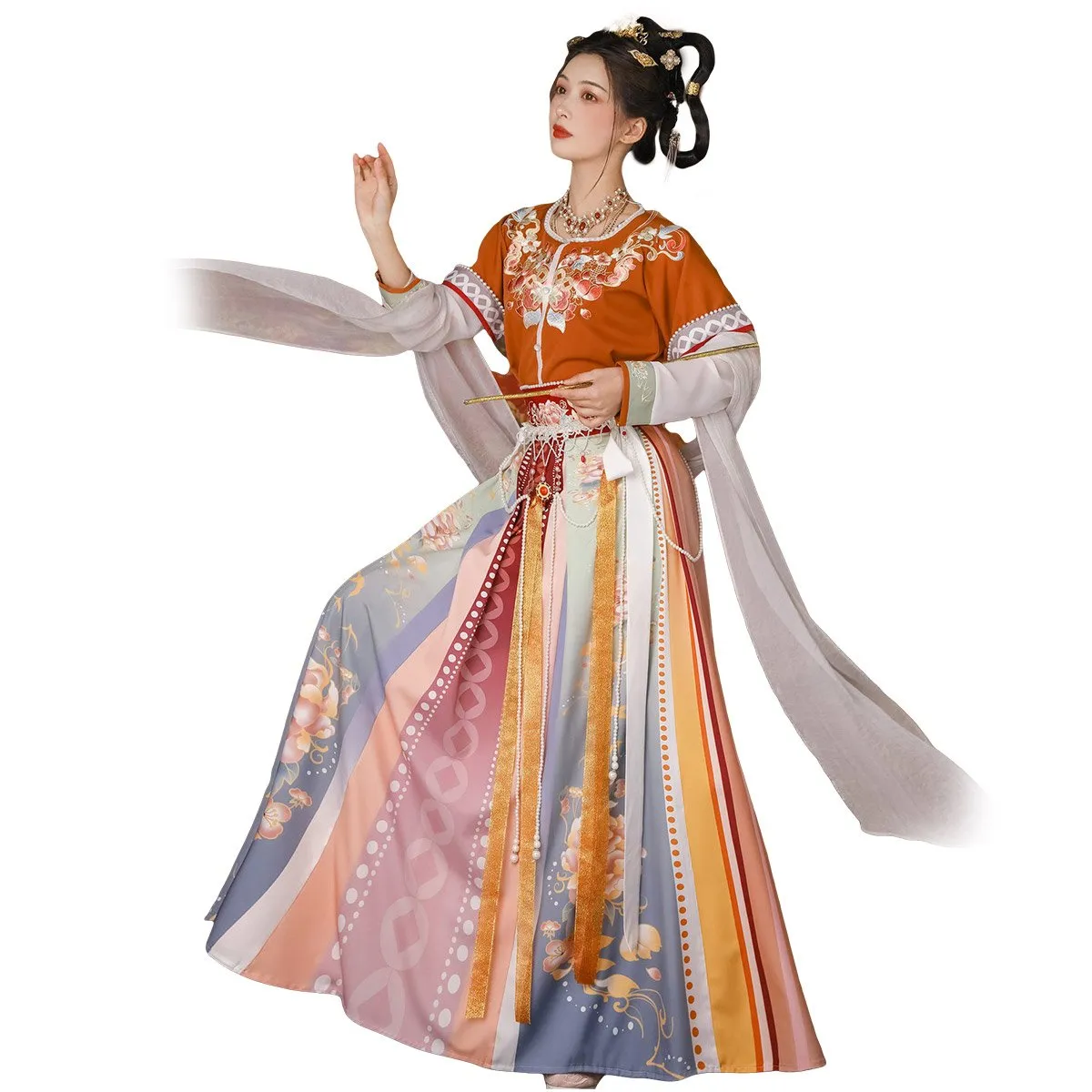 Orange Multicolor Hanfu Three Piece Set