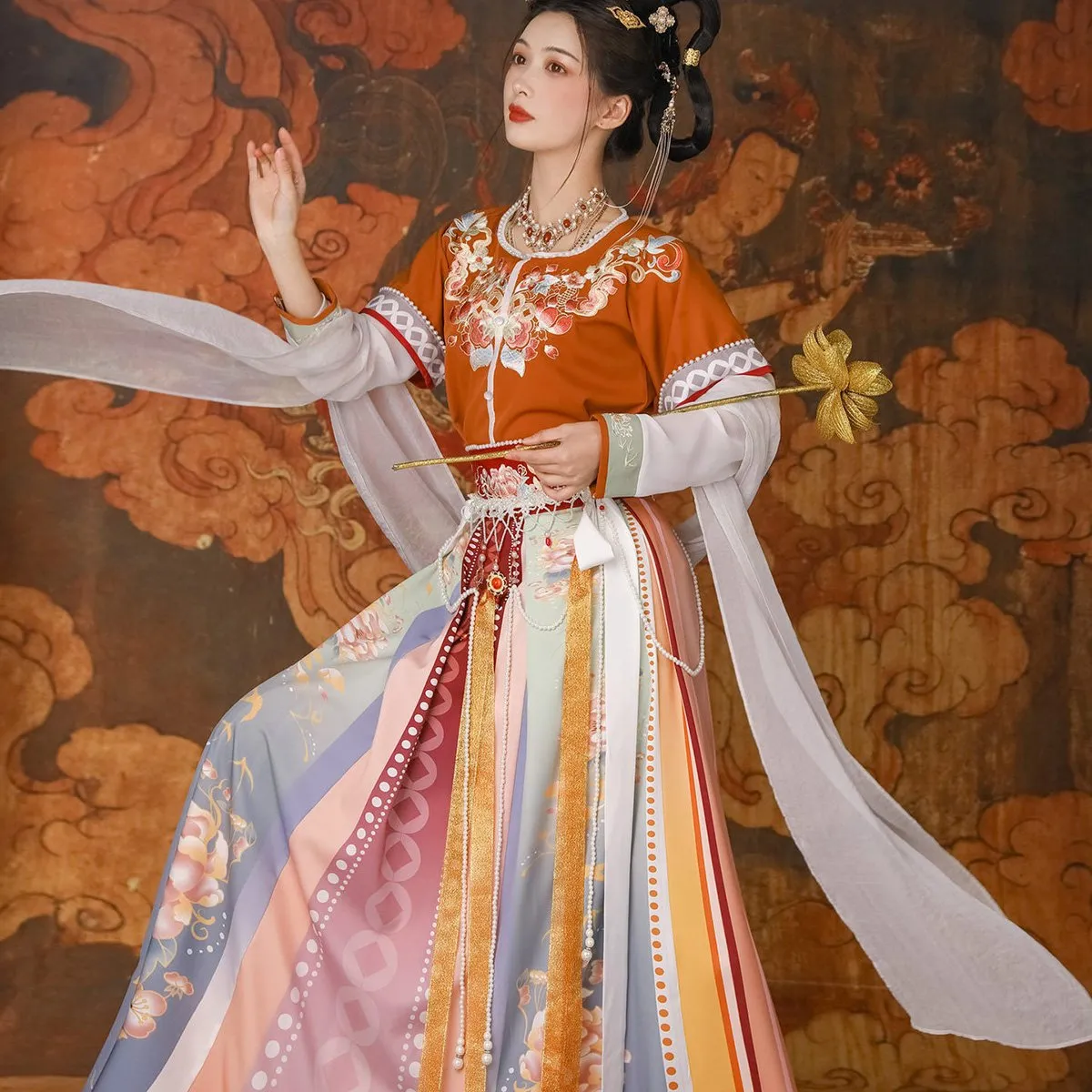 Orange Multicolor Hanfu Three Piece Set