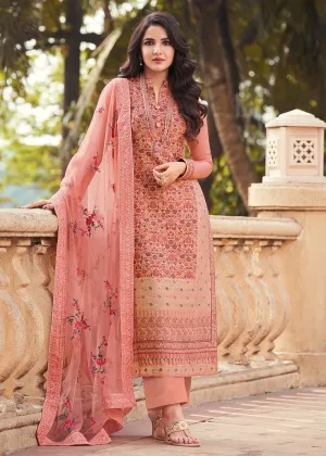 Peachy Pink Viscose Jacquard Pant Style Salwar Kurta Set