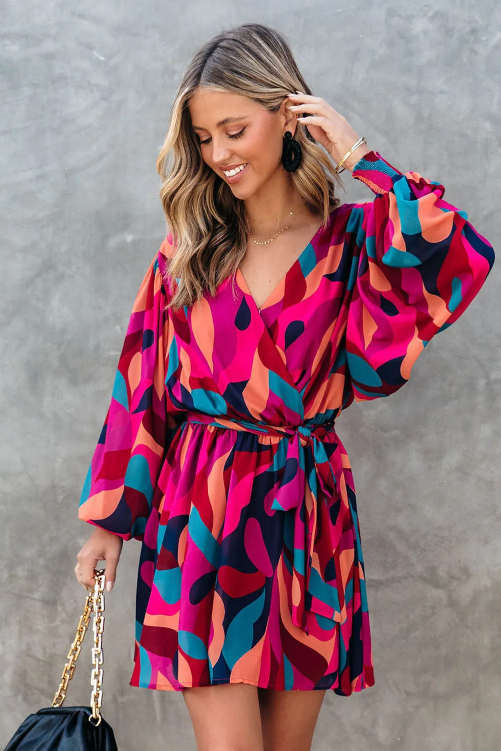 Red Abstract Printed Belted Puff Sleeve Short Dress