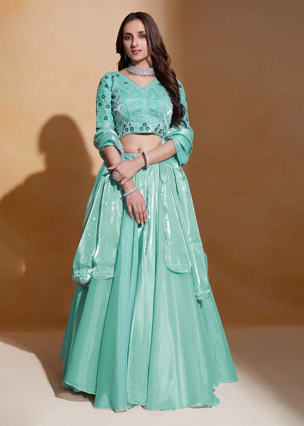 Sea Green Organza Silk A Line Festive Party Lehenga Choli