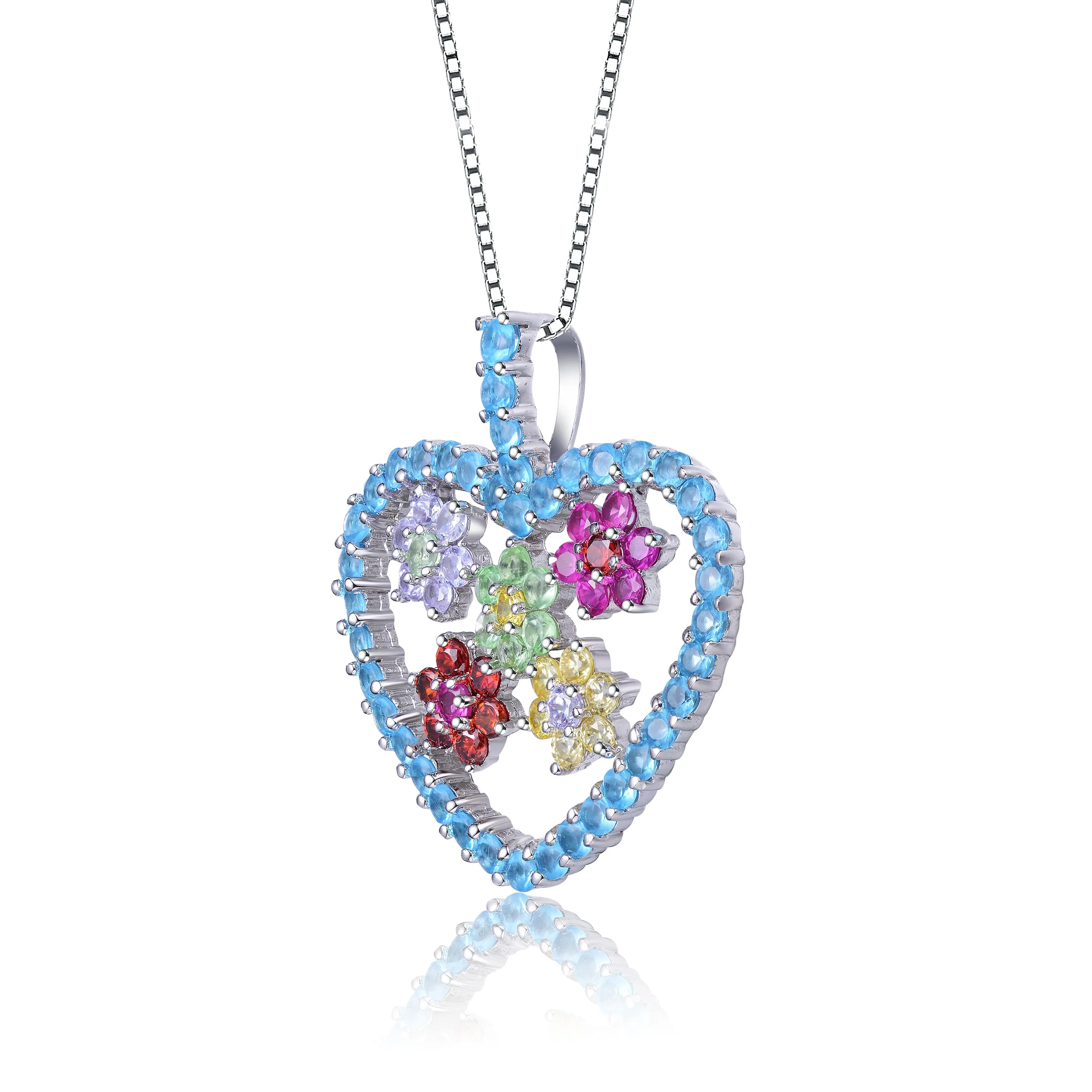 Sterling Silver White Gold Plating with Multi-Colored Cubic Zirconia Heart Shaped Pendant Necklace