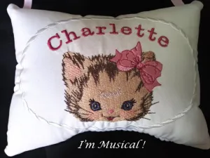 Vintage Kitten Music Box Pillow -- Personalized Embroidered MUSICAL Keepsake